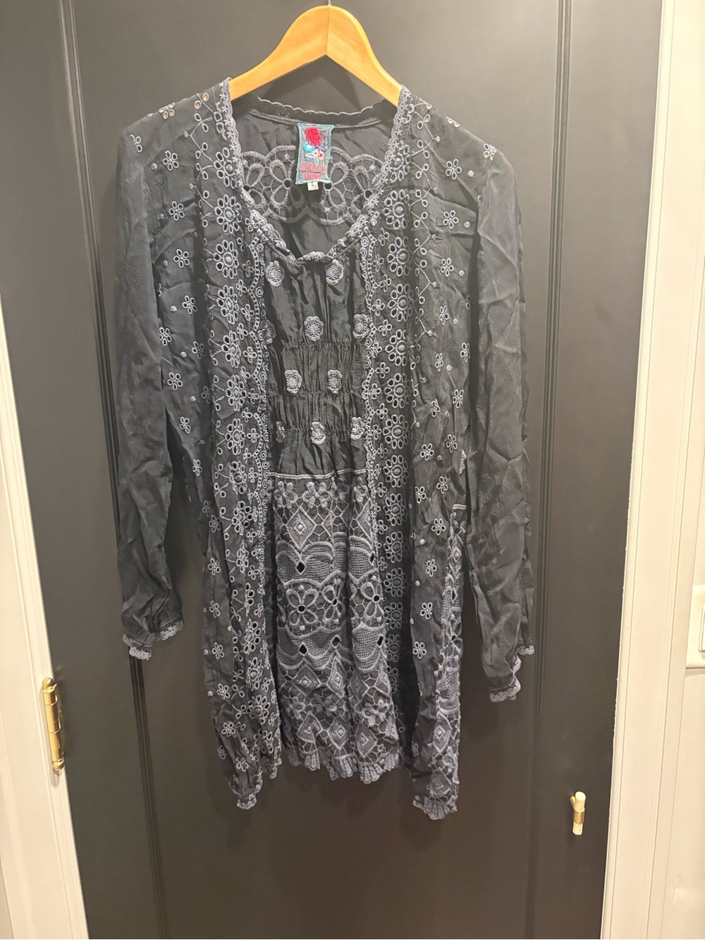 Boho Embroidered eyelet Black grey dress size small Johnny was